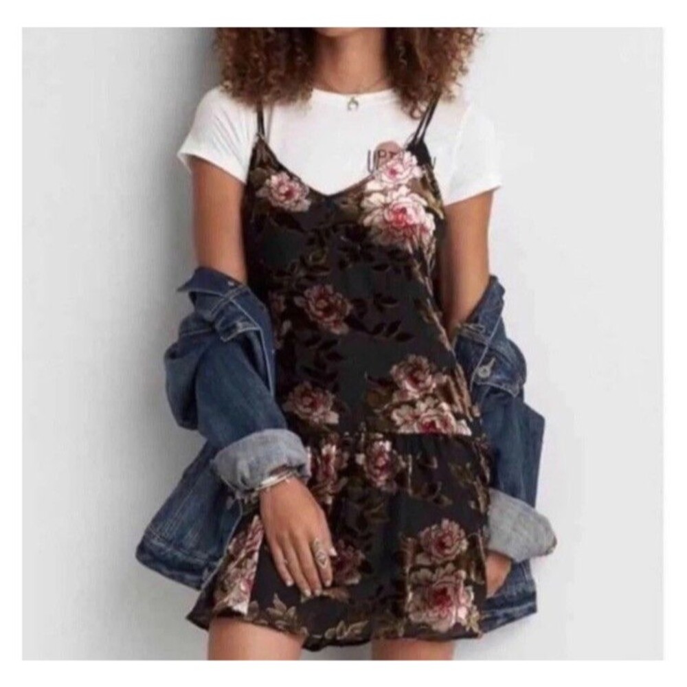 American Eagle Slip Dress S Floral Burnout Velvet Sheer Mesh Black Pink V-neck